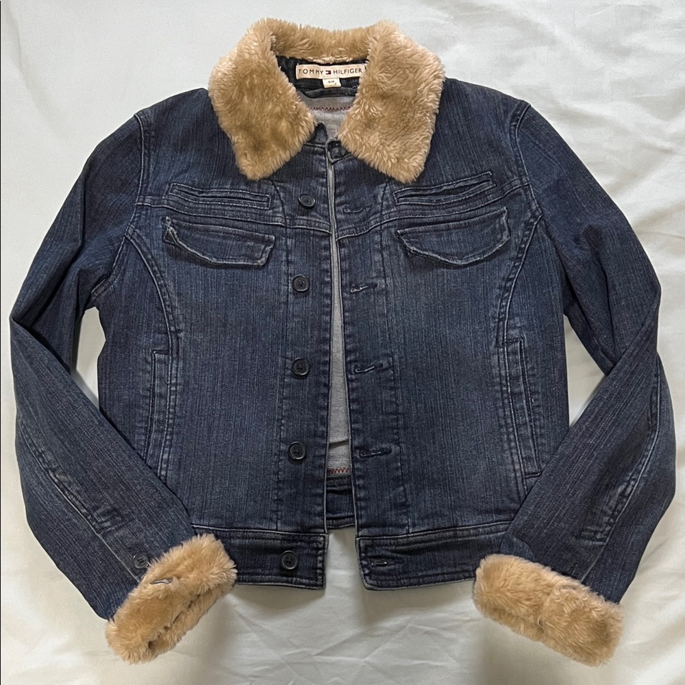 Tommy Hilfiger Women Small Dark Blue Denim Jacket with Tan Faux Fur